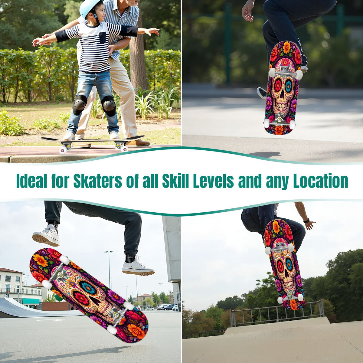 31"x8" Complete Skateboards for Beginners, Colorful Sugar Skull Vibrant Floral Day of the Dead Double Kick 7 Ply Canadian Maple Deck Skateboard with Wheels, Gifts for Kids Teens