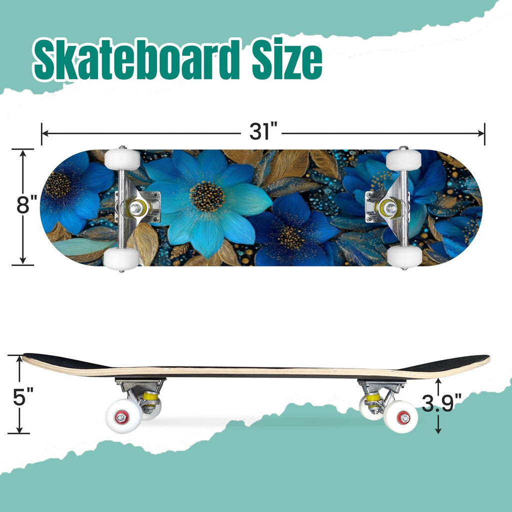 Watercolor Floral Shades Blue Grey Leaves 31" x 8" Complete Skateboard, 7-Ply Canadian Maple Double Kick Trick Board for Kids and Beginners Adult Gifts