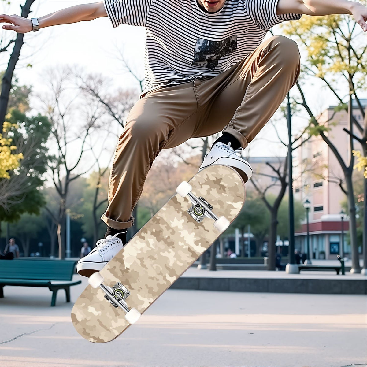 31"x8" Complete Skateboards for Beginners,Desert Camouflage Beige Tan Cream Organic Abstract Shapes Double Kick 7 Ply Canadian Maple Deck Skateboard with Wheels, Gifts for Kids Teens