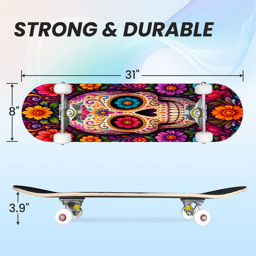 31"x8" Complete Skateboards for Beginners, Colorful Sugar Skull Vibrant Floral Day of the Dead Double Kick 7 Ply Canadian Maple Deck Skateboard with Wheels, Gifts for Kids Teens