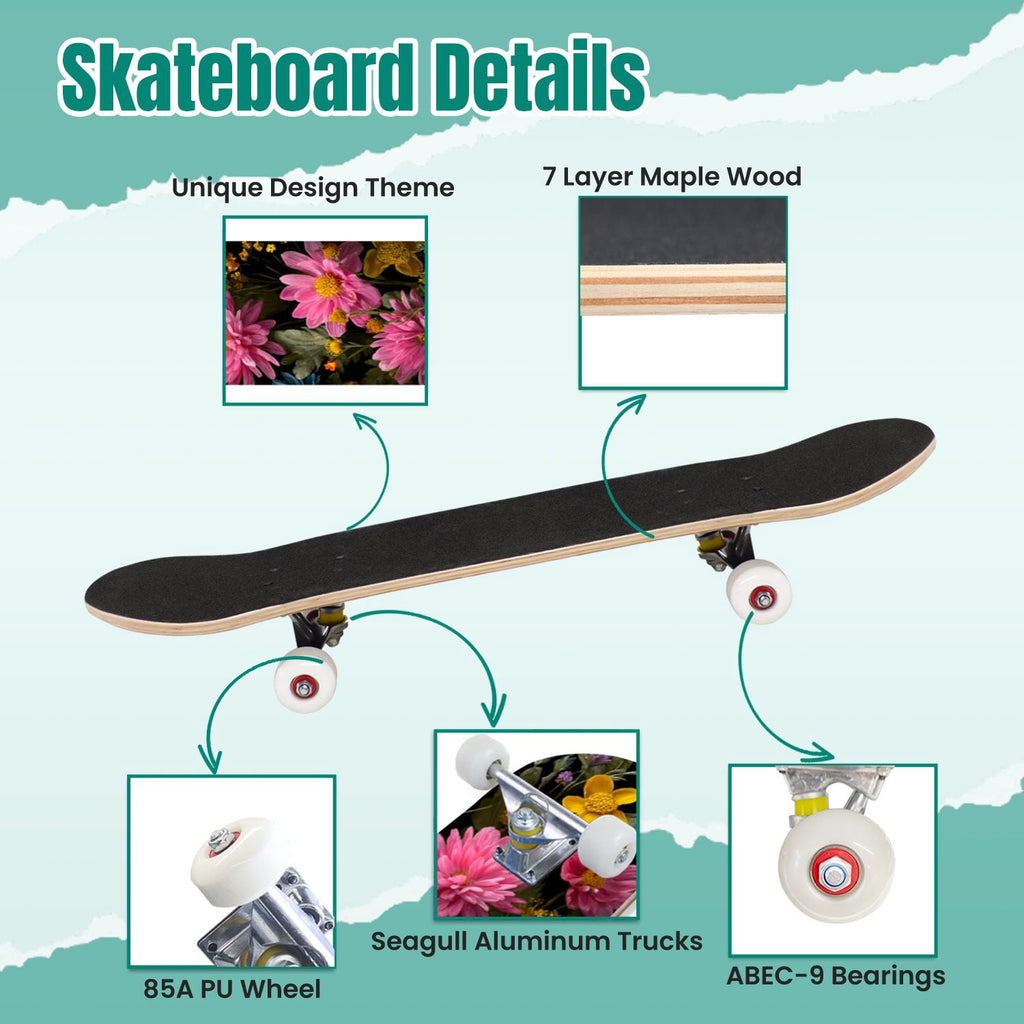 Dark Floral Wildflower Pink Yellow Blue Blooms 31" x 8" Complete Skateboard, 7-Ply Canadian Maple Double Kick Trick Board for Kids and Beginners Adult Gifts