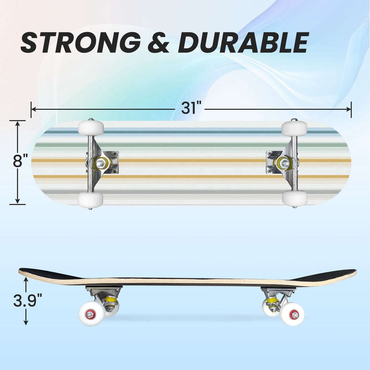 31"x8" Complete Skateboards for Beginners,Pastel Pink Vertical Stripe Minimalist Soft Design Double Kick 7 Ply Canadian Maple Deck Skateboard with Wheels, Gifts for Kids Teens