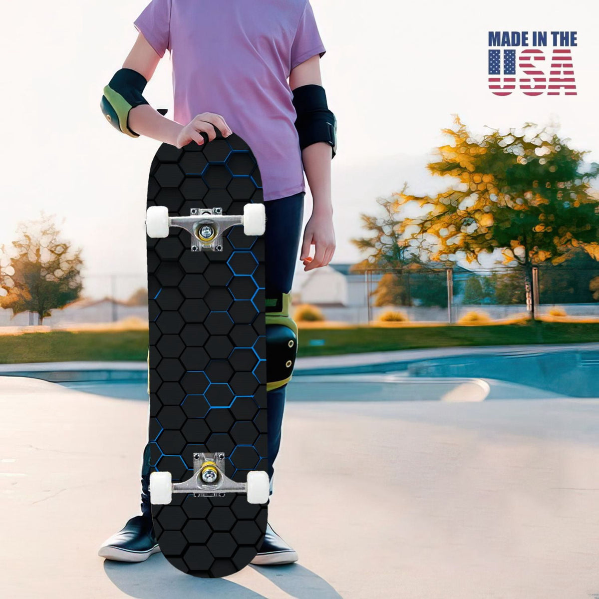 31"x8" Complete Skateboards for Beginners,Black Hexagon Honeycomb Glowing Blue Accents Double Kick 7 Ply Canadian Maple Deck Skateboard with Wheels, Gifts for Kids Teens
