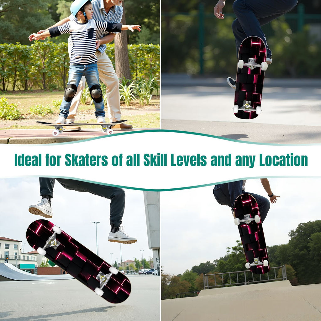 31"x8" Complete Skateboards for Beginners, Honeycomb Futuristic Hexagonal Neon Glowing Orange Light Double Kick 7 Ply Canadian Maple Deck Skateboard with Wheels, Gifts for Kids Teens