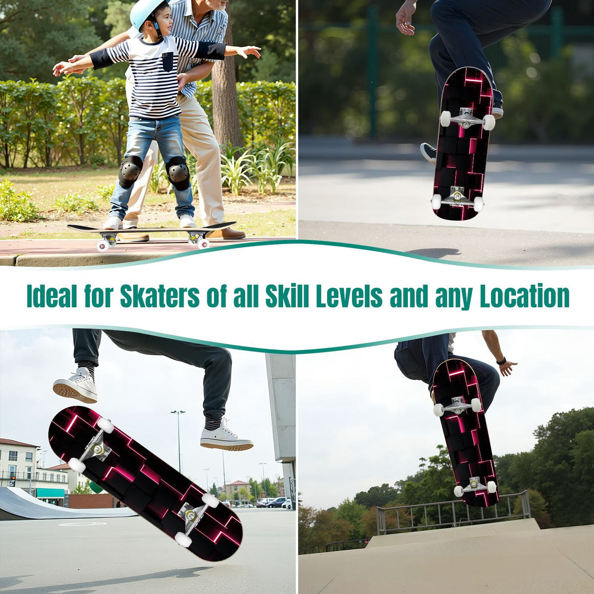 31"x8" Complete Skateboards for Beginners, Honeycomb Futuristic Hexagonal Neon Glowing Orange Light Double Kick 7 Ply Canadian Maple Deck Skateboard with Wheels, Gifts for Kids Teens