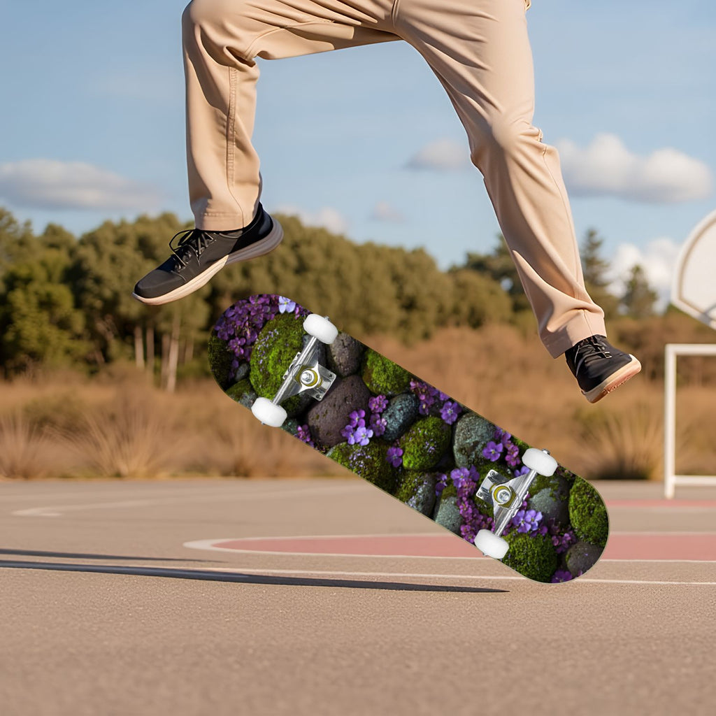 Delicate White Lotus Flowers Leaves Soft Blue 31" x 8" Complete Skateboard, 7-Ply Canadian Maple Double Kick Trick Board for Kids and Beginners Adult Gifts