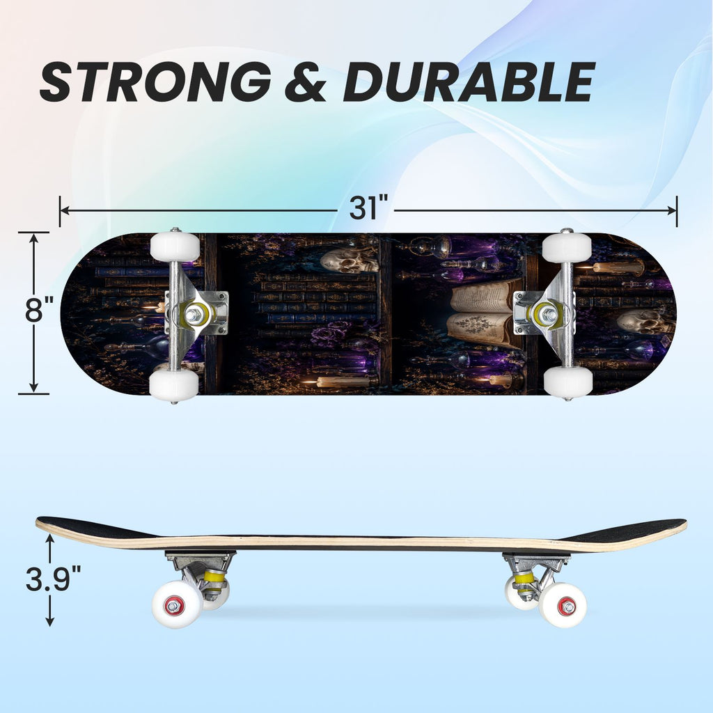 31"x8" Complete Skateboards for Beginners,Vintage Botanical Skull Flowers Elements Dark Double Kick 7 Ply Canadian Maple Deck Skateboard with Wheels, Gifts for Kids Teens