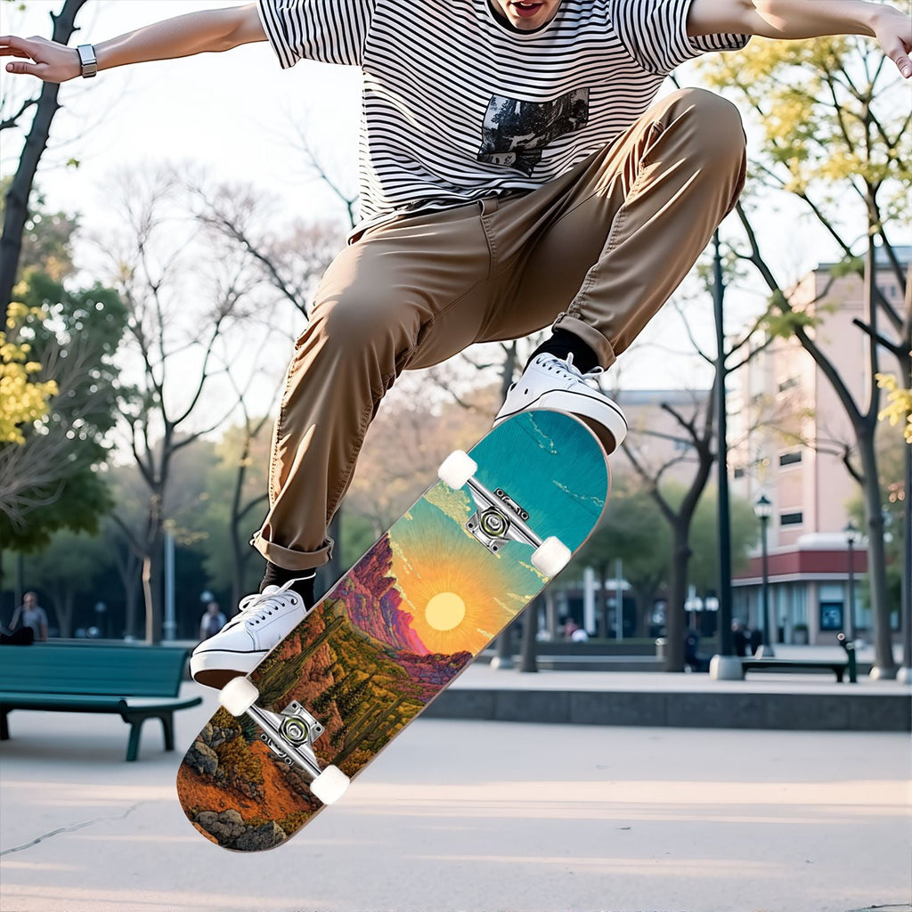 31"x8" Complete Skateboards for Beginners, Blue Deep Sea Sailing Ship Octopus Lighthouse Clouds Ocean Double Kick 7 Ply Canadian Maple Deck Skateboard with Wheels, Gifts for Kids Teens