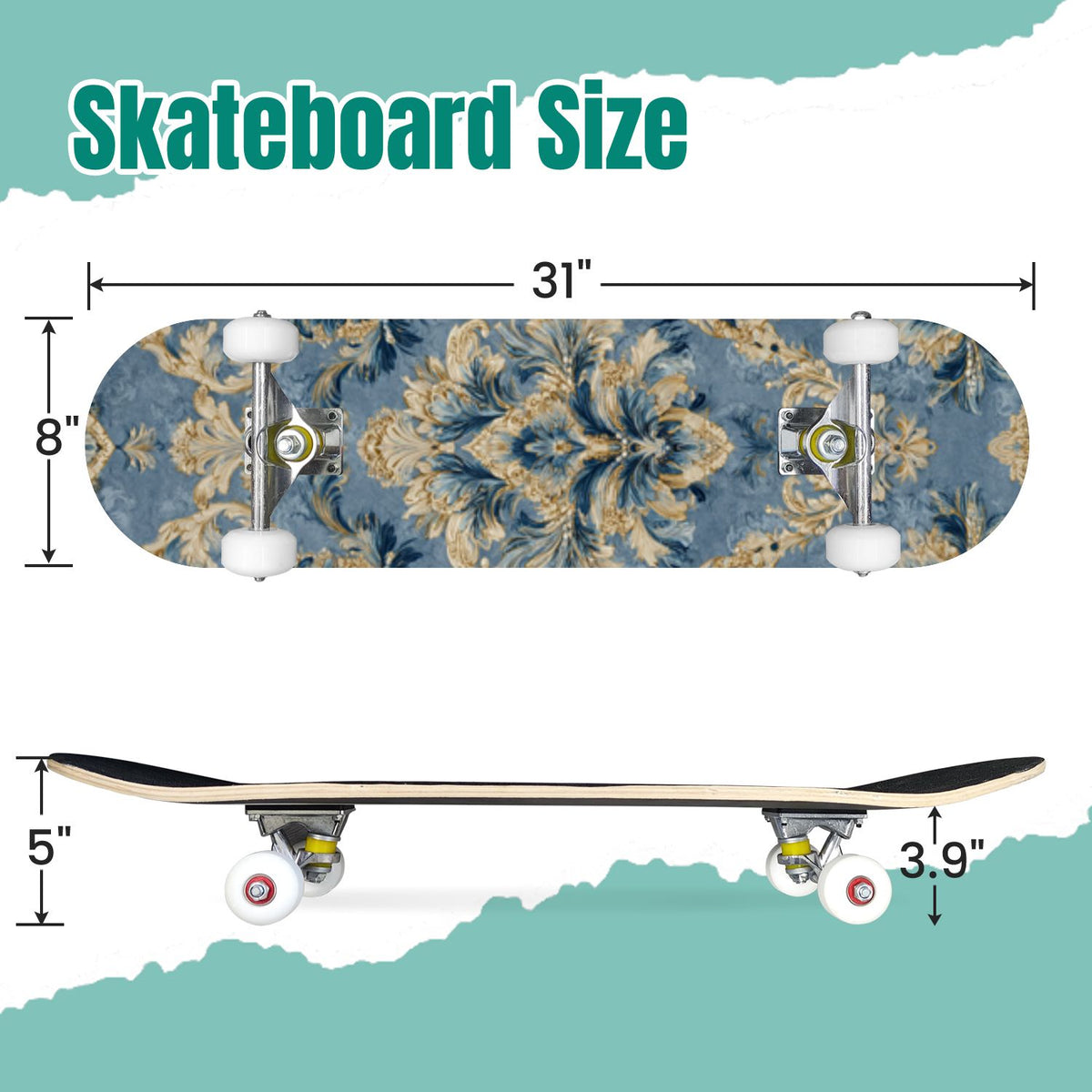 Elegant Purple Damask 31" x 8" Complete Skateboard, 7-Ply Canadian Maple Double Kick Trick Board for Kids and Beginners Adult Gifts
