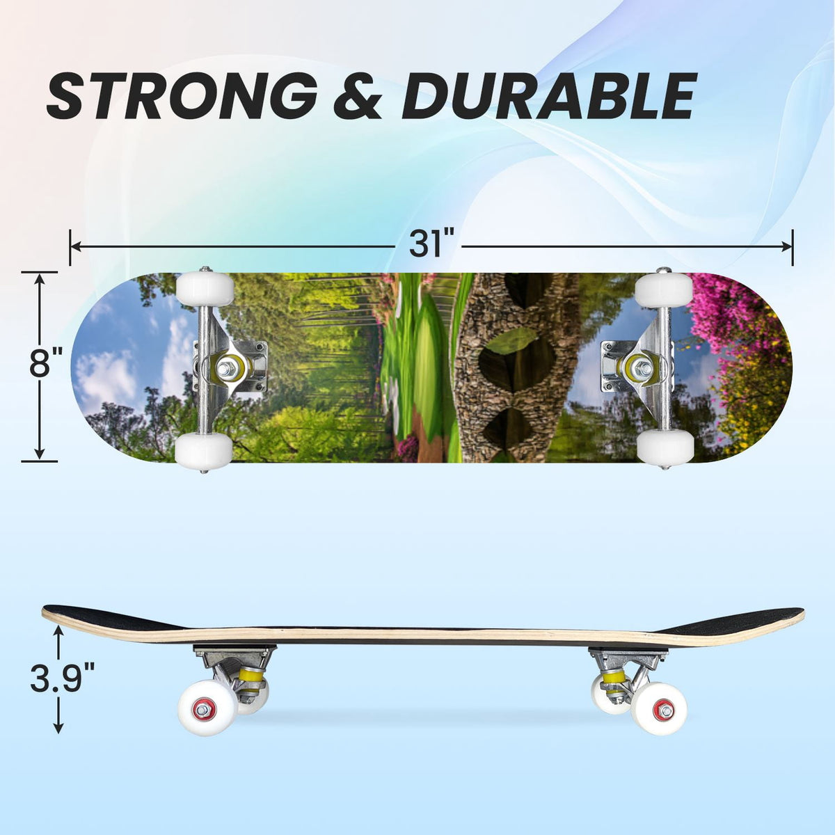 31"x8" Complete Skateboards for Beginners, Turquoise Flowers Teal Daisy Flower Butterfly Blue Romantic Double Kick 7 Ply Canadian Maple Deck Skateboard with Wheels, Gifts for Kids Teens