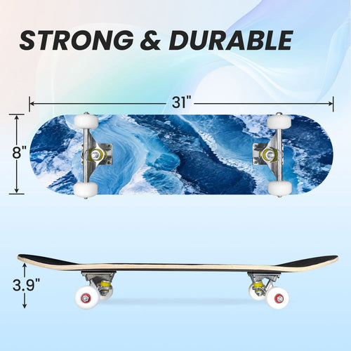 31"x8" abstract paint water blue sea Complete Skateboard for Beginners waves watercolor seamless 7 Layer Maple Deck Double Kick Kids Skateboard with 85A PU Wheels Gifts for Kids Teens