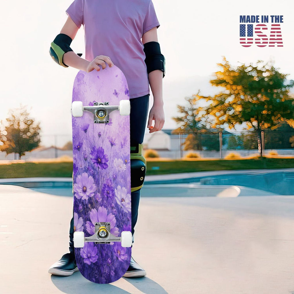 31"x8" Complete Skateboards for Beginners, Purple White Cosmos Flowers Butterflies Watercolor Double Kick 7 Ply Canadian Maple Deck Skateboard with Wheels, Gifts for Kids Teens
