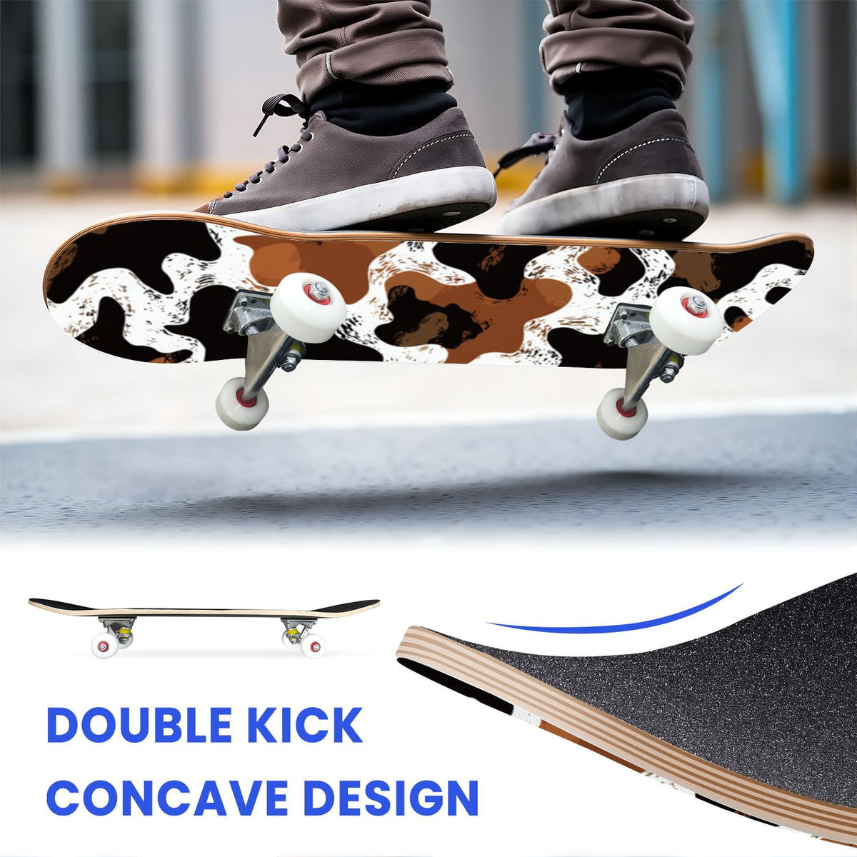 31"x8" Complete Skateboards for Beginners,Leopard Print Black Brown Beige Double Kick 7 Ply Canadian Maple Deck Skateboard with Wheels, Gifts for Kids Teens