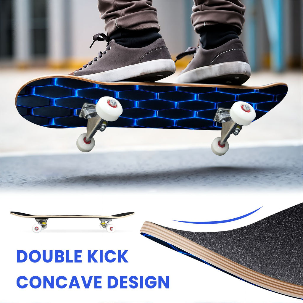 31"x8" Complete Skateboards for Beginners, Abstract Geometric Vibrant Neon Line Accents Dark Futuristic Double Kick 7 Ply Canadian Maple Deck Skateboard with Wheels, Gifts for Boys Teens