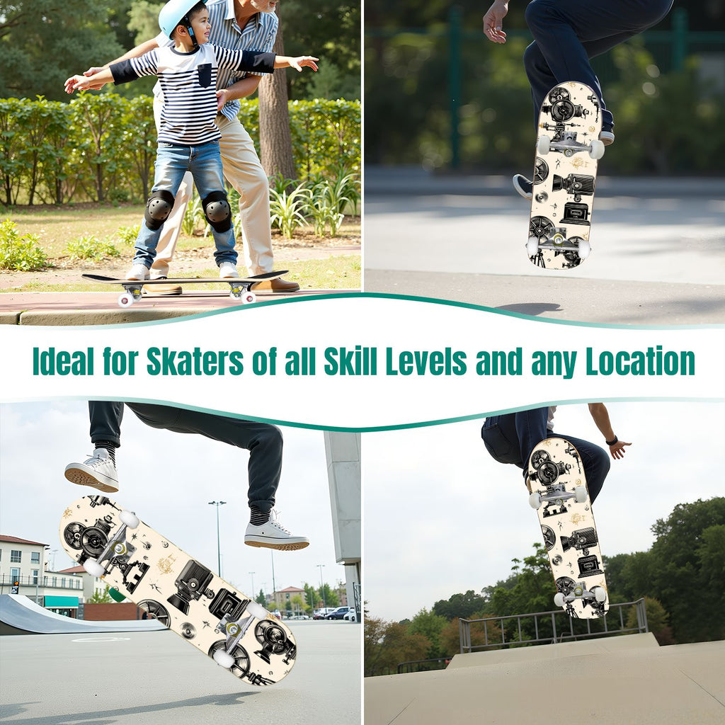 Vintage Movie Theater Classic Cinema 31" x 8" Complete Skateboard, 7-Ply Canadian Maple Double Kick Trick Board for Kids and Beginners Adult Gifts