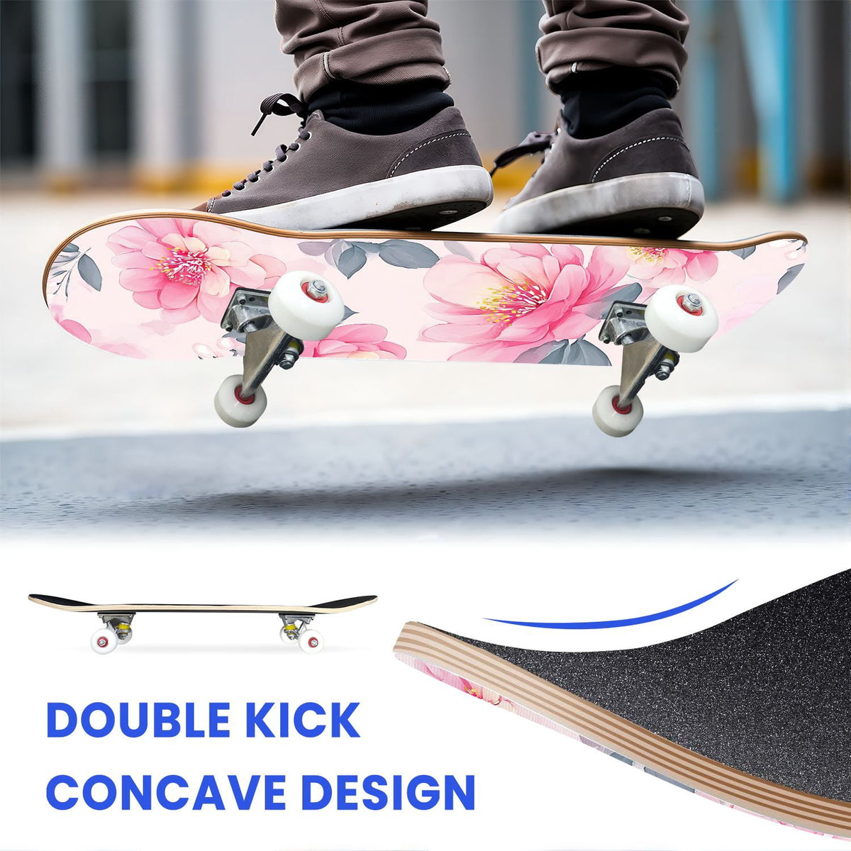 31"x8" Complete Skateboards for Beginners, Elegant Floral Pink Roses Blue Butterflies Double Kick 7 Ply Canadian Maple Deck Skateboard with Wheels, Gifts for Kids Teens