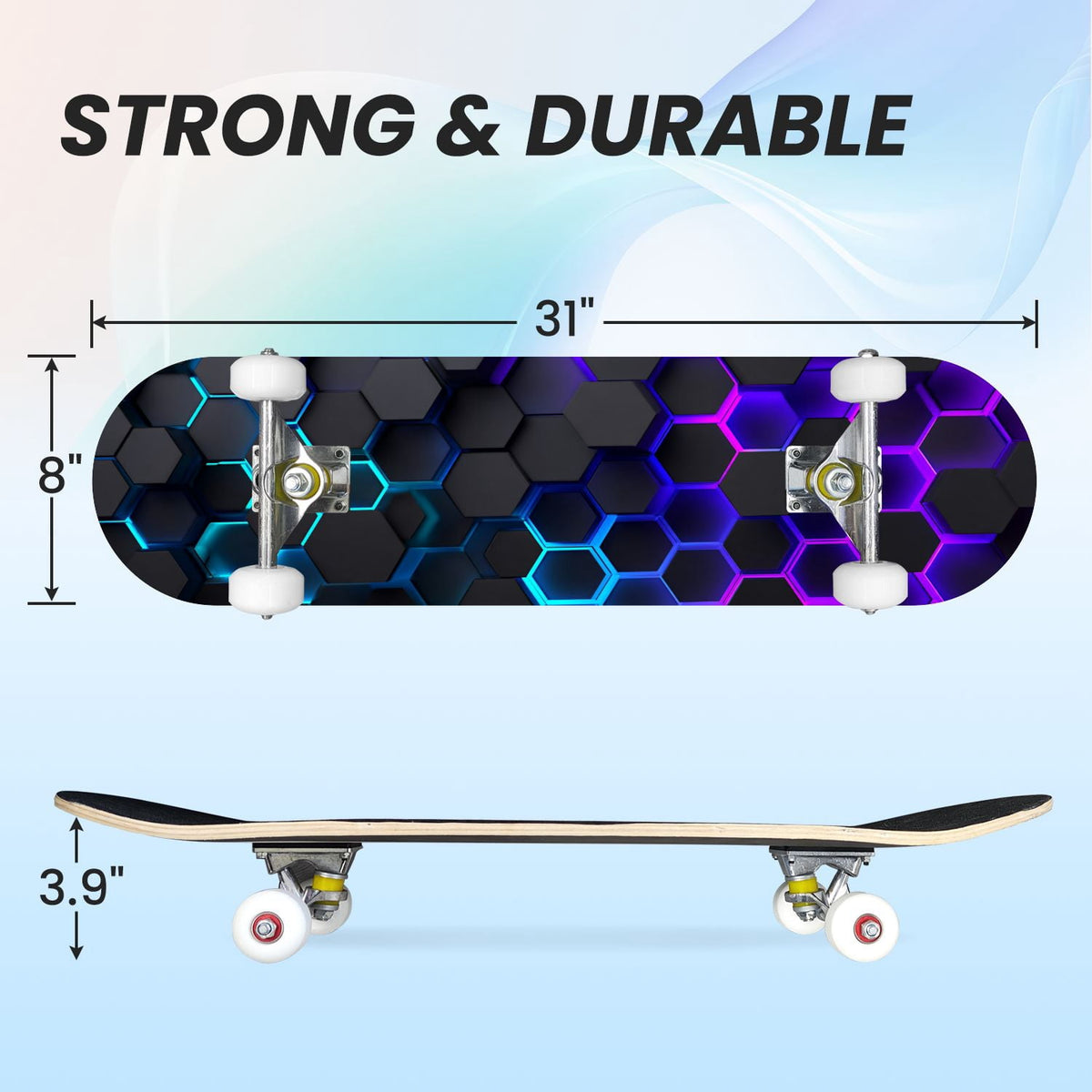 31"x8" Complete Skateboards for Beginners,Geometric Hexagon Glowing Neon Blue Purple Double Kick 7 Ply Canadian Maple Deck Skateboard with Wheels, Gifts for Kids Teens
