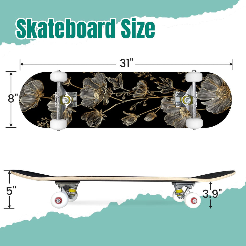 Golden Floral Line Art Seamless 31" x 8" Complete Skateboard, 7-Ply Canadian Maple Double Kick Trick Board for Kids and Beginners Adult Gifts