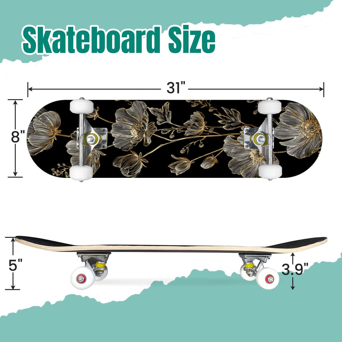 Golden Floral Line Art Seamless 31" x 8" Complete Skateboard, 7-Ply Canadian Maple Double Kick Trick Board for Kids and Beginners Adult Gifts