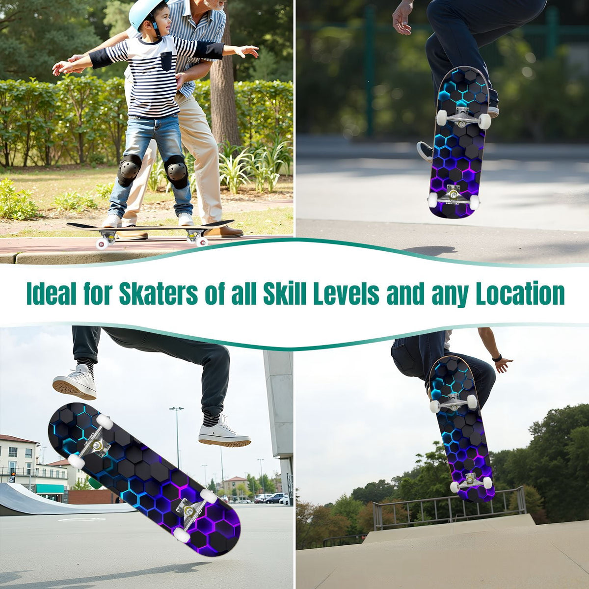 31"x8" Complete Skateboards for Beginners,Geometric Hexagon Glowing Neon Blue Purple Double Kick 7 Ply Canadian Maple Deck Skateboard with Wheels, Gifts for Kids Teens