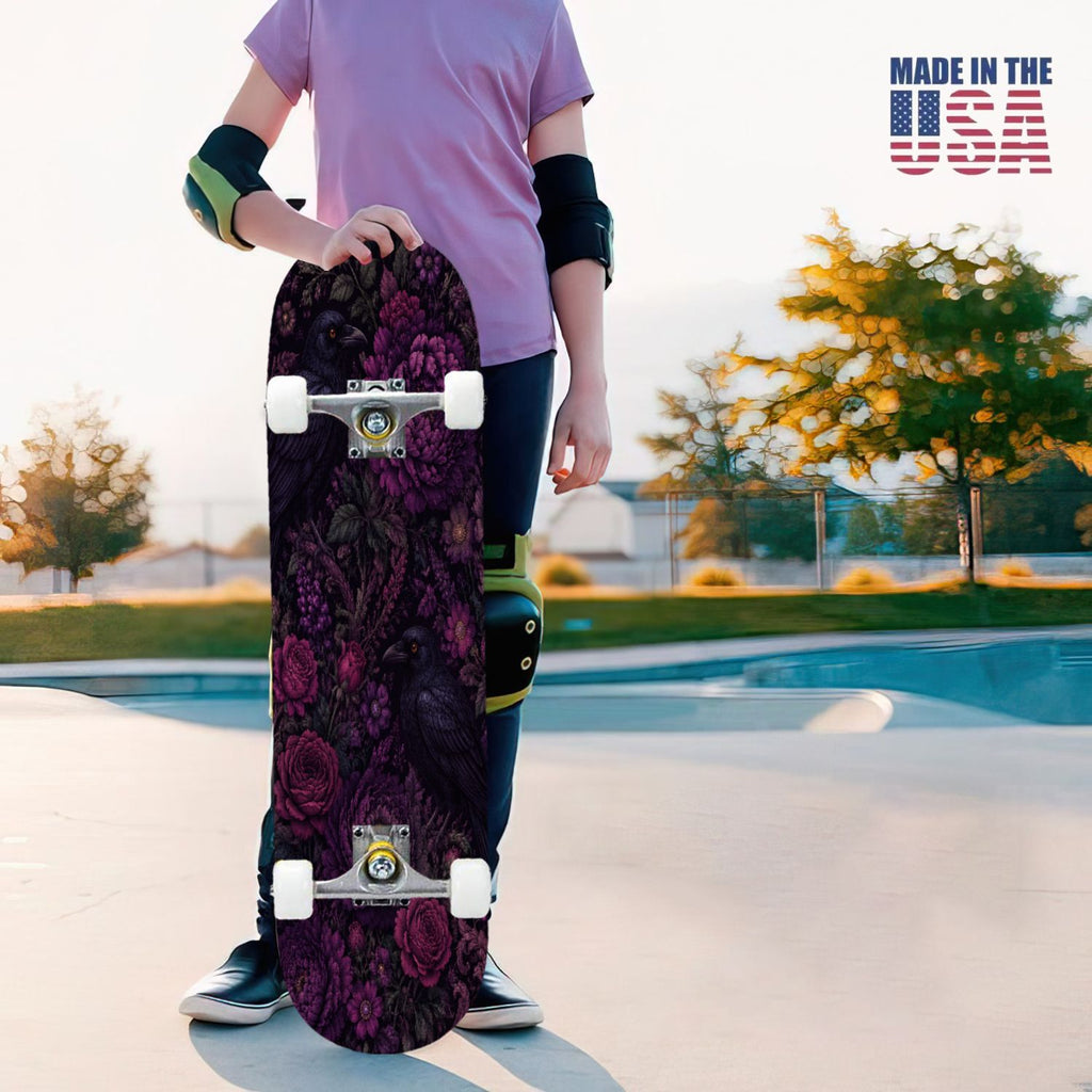 31"x8" Complete Skateboards for Beginners, Purple White Cosmos Flowers Butterflies Watercolor Double Kick 7 Ply Canadian Maple Deck Skateboard with Wheels, Gifts for Kids Teens