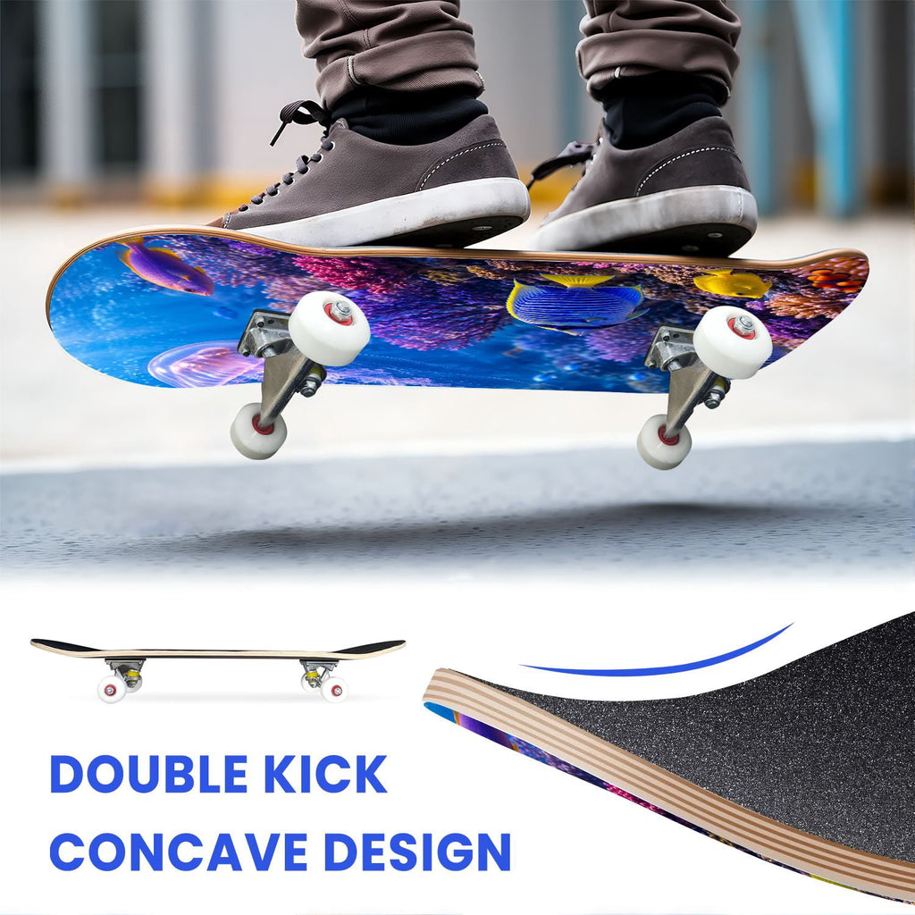 31"x8" Complete Skateboards for Beginners, Colorful Cosmic Octopus Tentacles Starry Marine Life Double Kick 7 Ply Canadian Maple Deck Skateboard with Wheels, Gifts for Kids Teens
