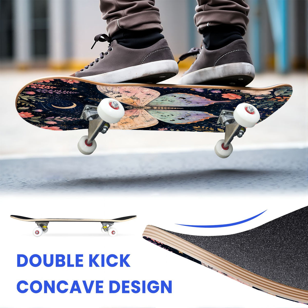 31"x8" Complete Skateboards for Beginners, Colorful Butterfly Blooming Flowers Under Full Moon Starry Double Kick 7 Ply Canadian Maple Deck Skateboard with Wheels, Gifts for Kids Teens