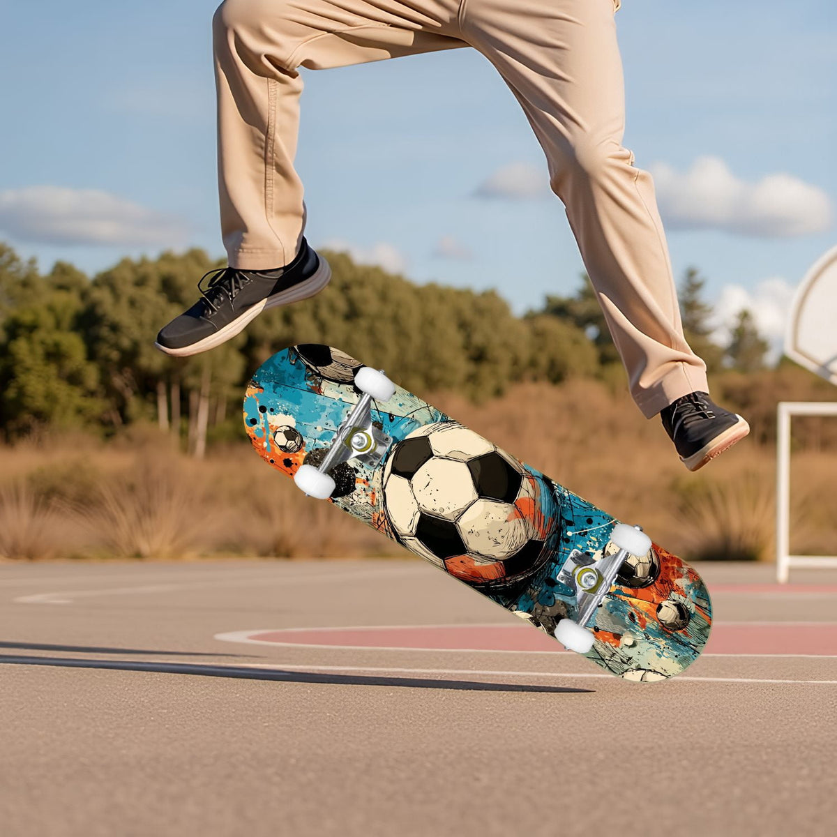 Dynamic Soccer Ball Explosion Energy Effects Stadium 31" x 8" Complete Skateboard, 7-Ply Canadian Maple Double Kick Trick Board for Kids and Beginners Adult Gifts