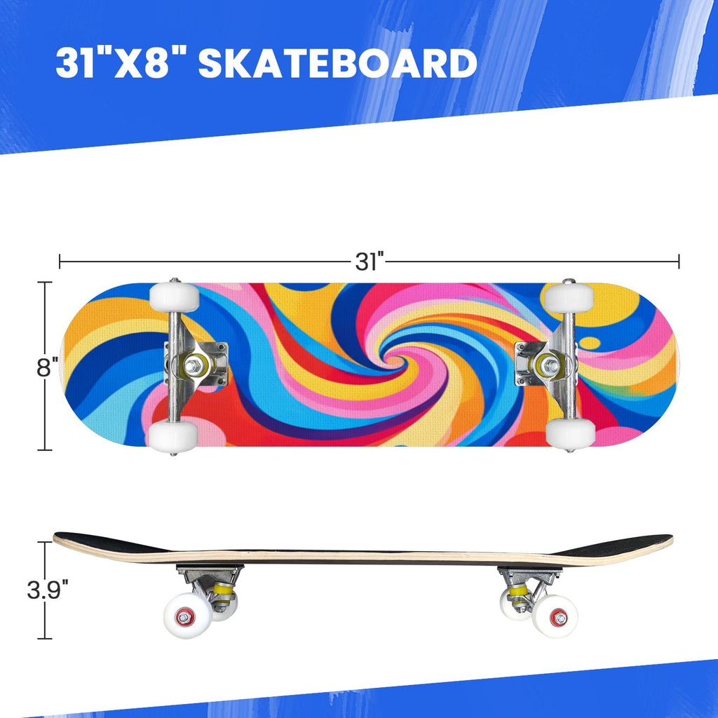 Complete Skateboard Vibrant Swirling Abstract 31 Inch 7-Ply Maple Skateboard with PU Wheels and Aluminum Trucks, Ready-to-Ride Skateboard for Beginners, Teens and Adults