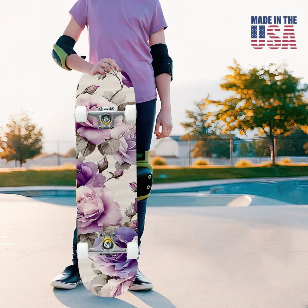 31"x8" Complete Skateboards for Beginners, Elegant Floral Pink Roses Blue Butterflies Double Kick 7 Ply Canadian Maple Deck Skateboard with Wheels, Gifts for Kids Teens