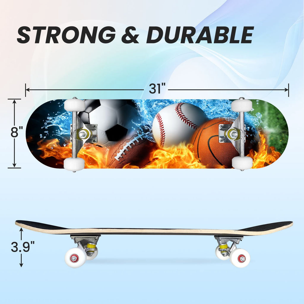 31"x8" Complete Skateboards for Beginners,Close up Baseball Red Stitches Leather Double Kick 7 Ply Canadian Maple Deck Skateboard with Wheels, Sports Gifts for Kids Teens