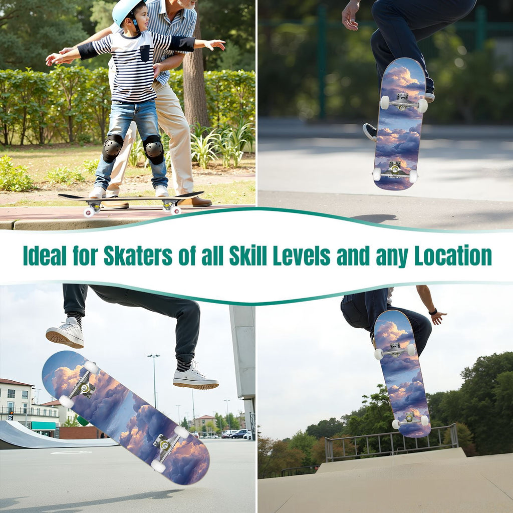 31"x8" Complete Skateboards for Beginners, Cute Light Blue Sky Cartoon Summer Decor Double Kick 7 Ply Canadian Maple Deck Skateboard with Wheels, Gifts for Kids Teens