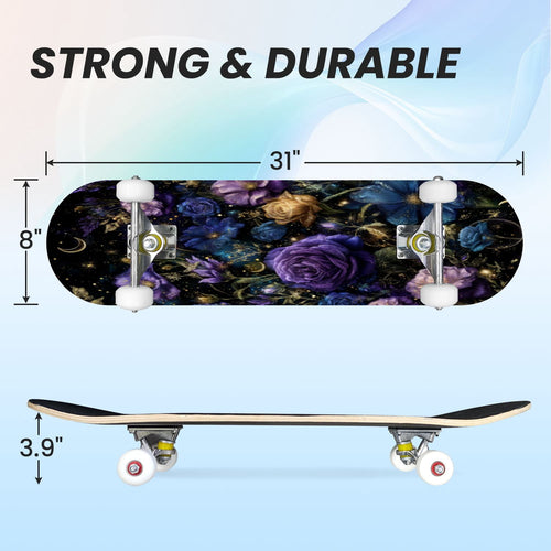 31"x8" Complete Skateboards for Beginners, Ethereal Night Garden Roses Starry Sky Dark Academia Double Kick 7 Ply Canadian Maple Deck Skateboard with Wheels, Gifts for Kids Teens