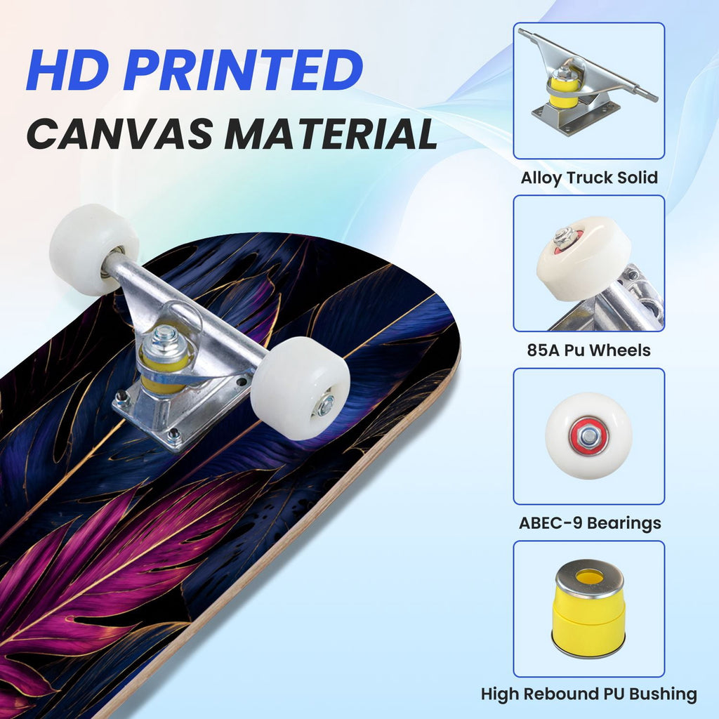 31"x8" Complete Skateboards for Beginners, Vibrant Purple Teal Floral Artwork Golden Accents Vintage Double Kick 7 Ply Canadian Maple Deck Skateboard with Wheels, Gifts for Kids Teens