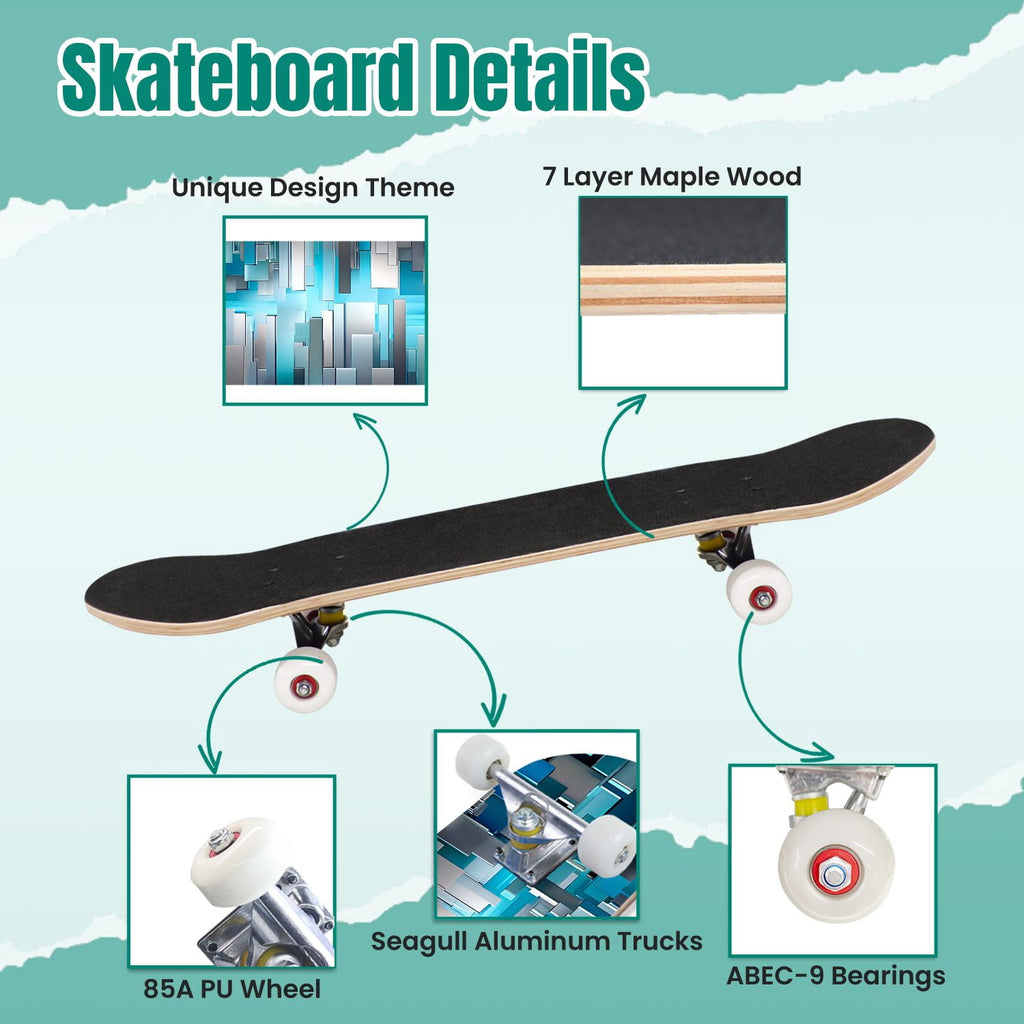 Glowing Futuristic Cubic Tunnel Metallic Tiles Bright Light 31" x 8" Complete Skateboard, 7-Ply Canadian Maple Double Kick Trick Board for Kids and Beginners Adult Gifts
