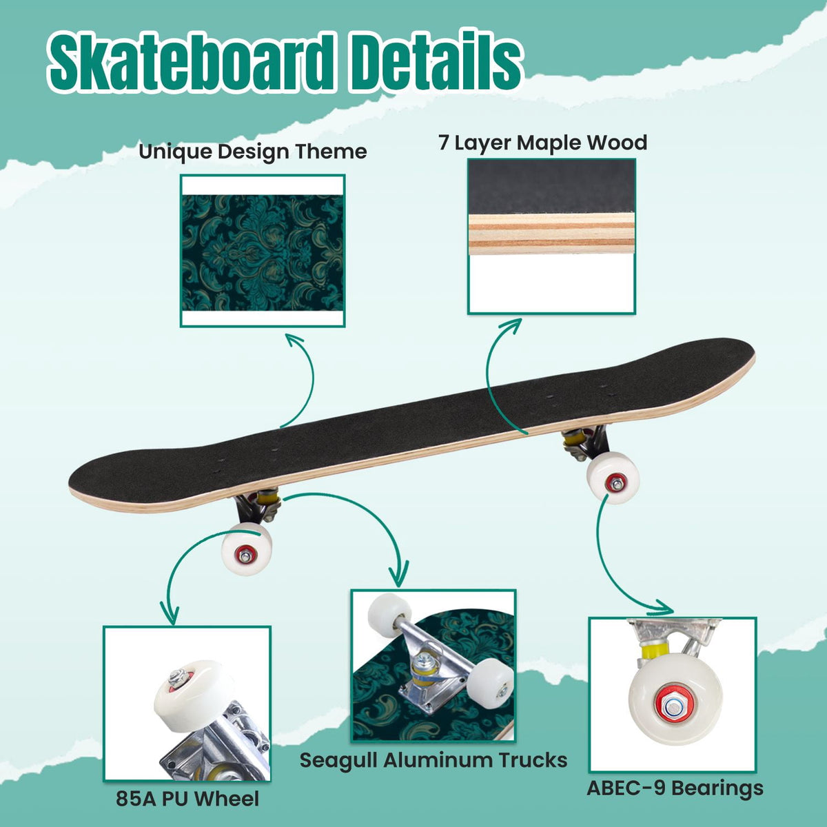 Elegant Purple Damask 31" x 8" Complete Skateboard, 7-Ply Canadian Maple Double Kick Trick Board for Kids and Beginners Adult Gifts