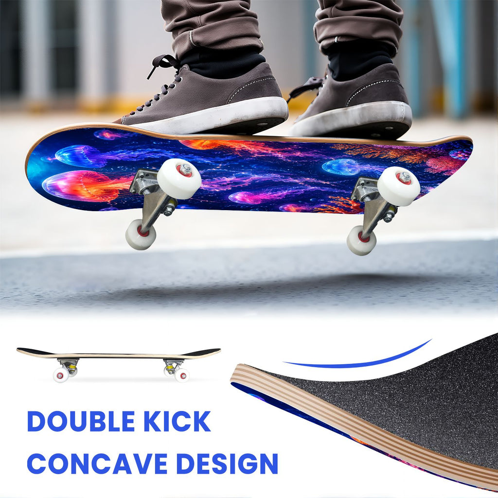 31"x8" Complete Skateboards for Beginners, Seashell Starfish Blue White Nautical Marine Life Double Kick 7 Ply Canadian Maple Deck Skateboard with Wheels, Gifts for Kids Teens