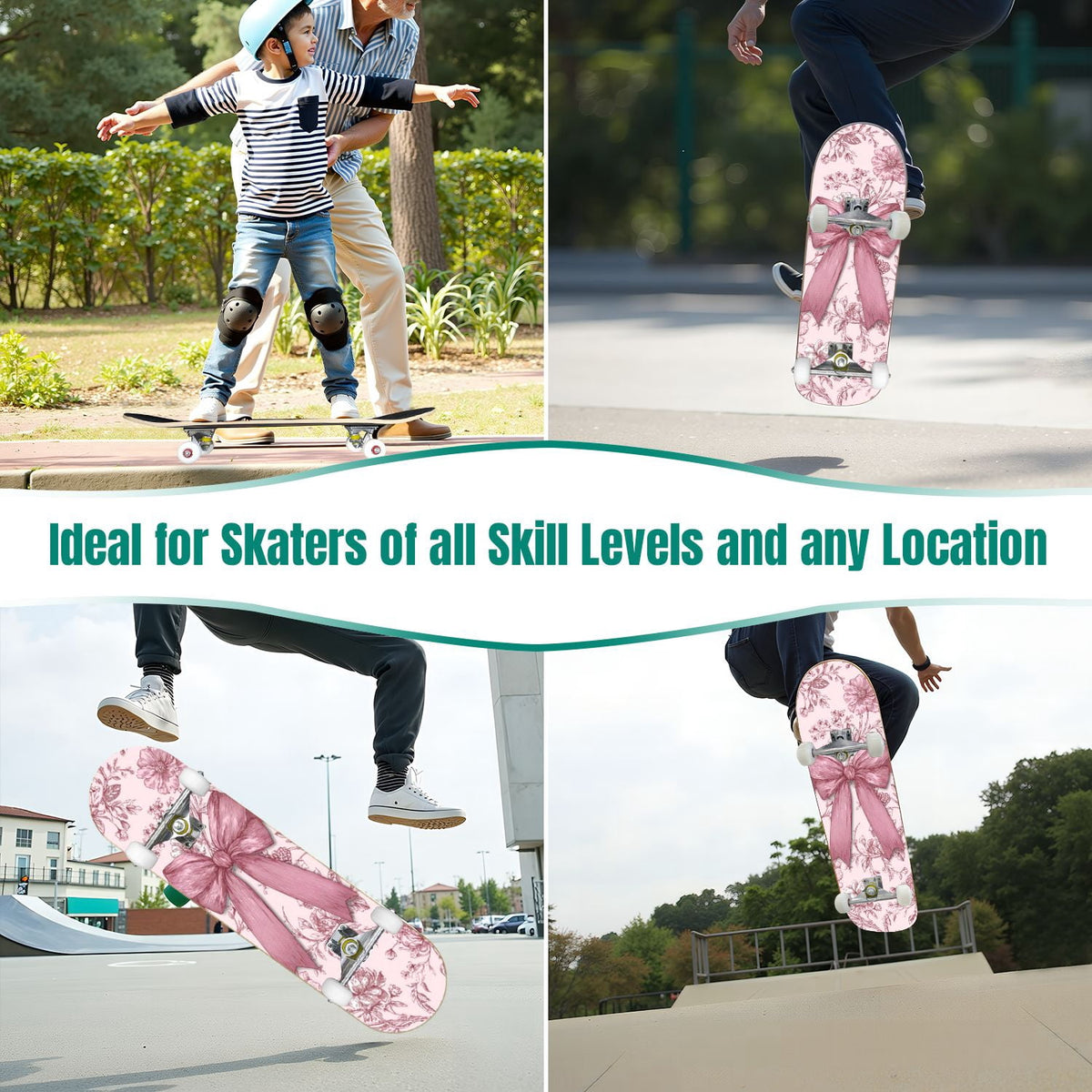 Golden Floral Line Art Seamless 31" x 8" Complete Skateboard, 7-Ply Canadian Maple Double Kick Trick Board for Kids and Beginners Adult Gifts