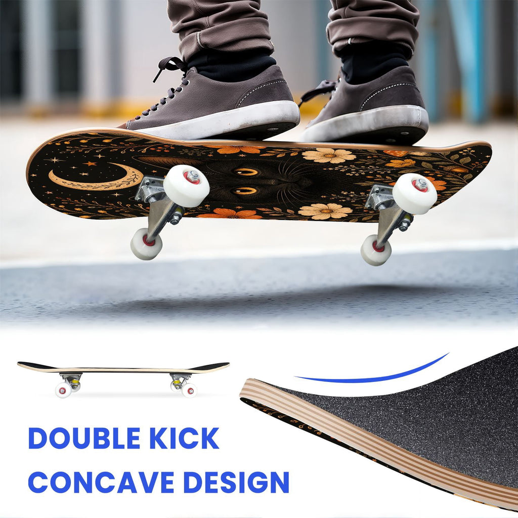 31"x8" Complete Skateboards for Beginners,Vintage Botanical Skull Flowers Elements Dark Double Kick 7 Ply Canadian Maple Deck Skateboard with Wheels, Gifts for Kids Teens