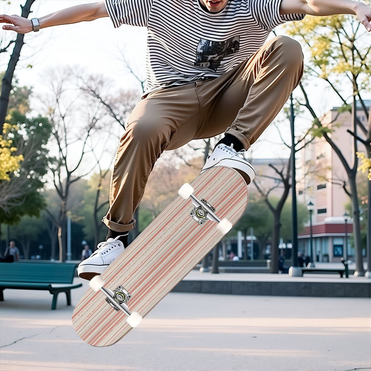 31"x8" Complete Skateboards for Beginners,Pastel Pink Vertical Stripe Minimalist Soft Design Double Kick 7 Ply Canadian Maple Deck Skateboard with Wheels, Gifts for Kids Teens