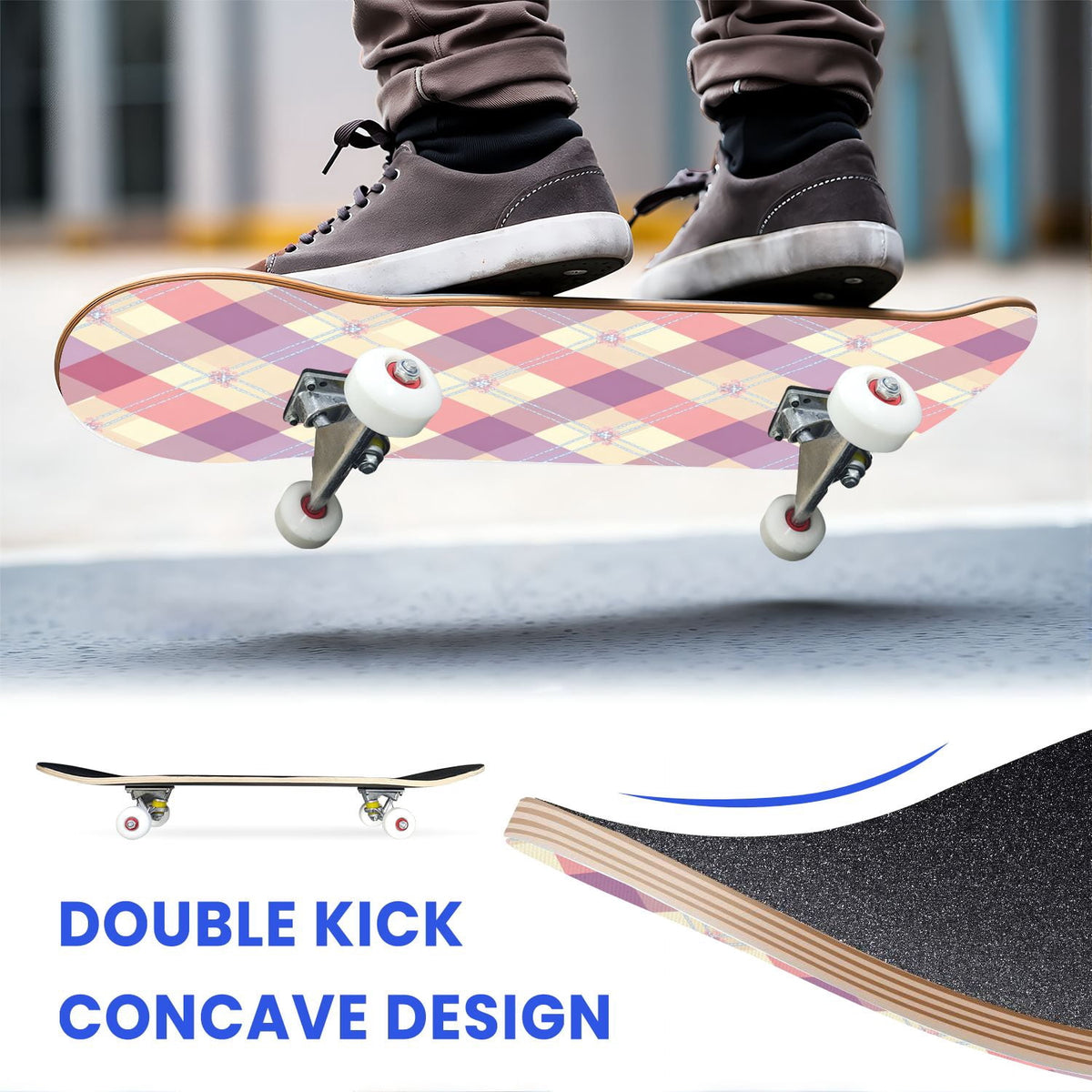 31"x8" Complete Skateboards for Beginners,Pink White Gingham Checkered Subtle Double Kick 7 Ply Canadian Maple Deck Skateboard with Wheels, Gifts for Kids Teens