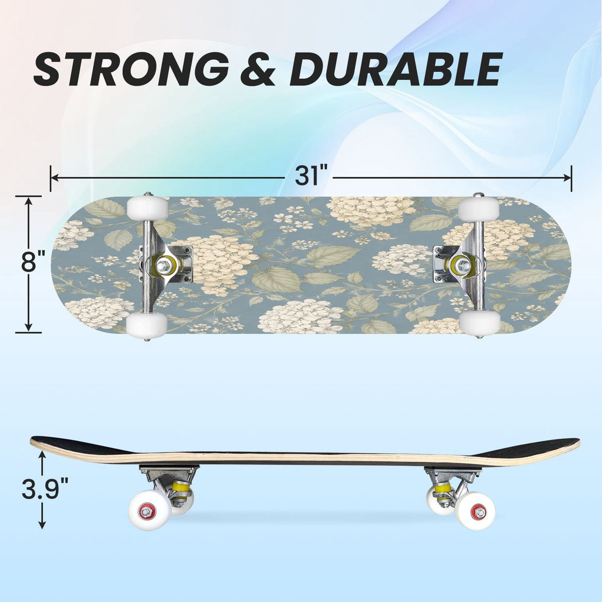 31"x8" Complete Skateboards for Beginners,Blue White Toile Rabbits Birds Floral Motifs Double Kick 7 Ply Canadian Maple Deck Skateboard with Wheels, Gifts for Kids Teens