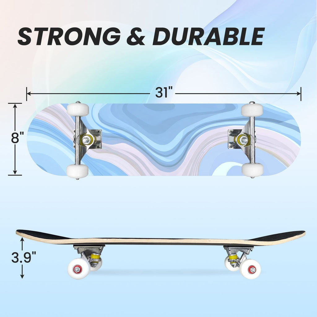 31"x8" Complete Skateboards for Beginners, Abstract Pastel Swirl Soft Earthy Tones Double Kick 7 Ply Canadian Maple Deck Skateboard with Wheels, Gifts for Kids Teens