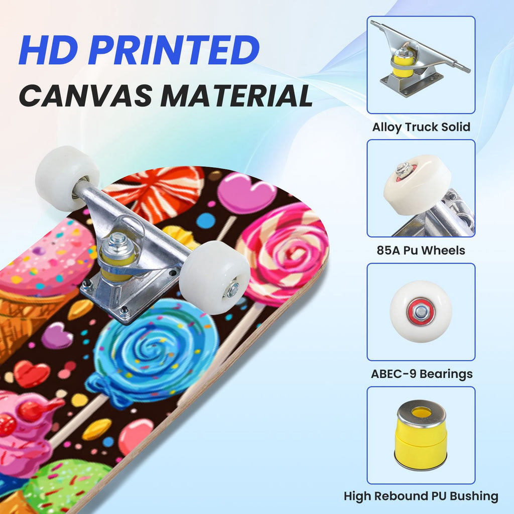 31"x8" Complete Skateboards for Beginners,Cartoon Hand Drawn Ice Cream Doodles Seamless Cones Cupcakes Double Kick 7 Ply Canadian Maple Deck Skateboard with Wheels, Gifts for Kids Teens