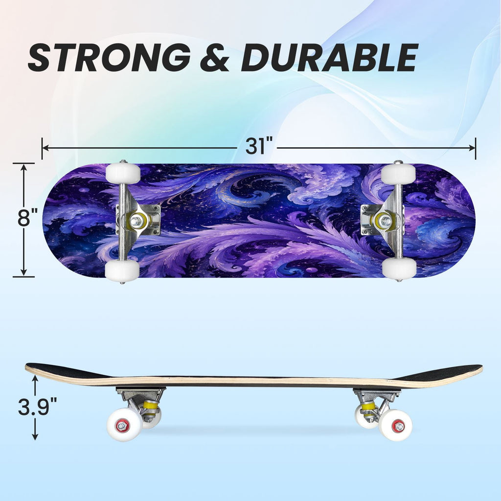 31"x8" Complete Skateboards for Beginners, Purple White Cosmos Flowers Butterflies Watercolor Double Kick 7 Ply Canadian Maple Deck Skateboard with Wheels, Gifts for Kids Teens
