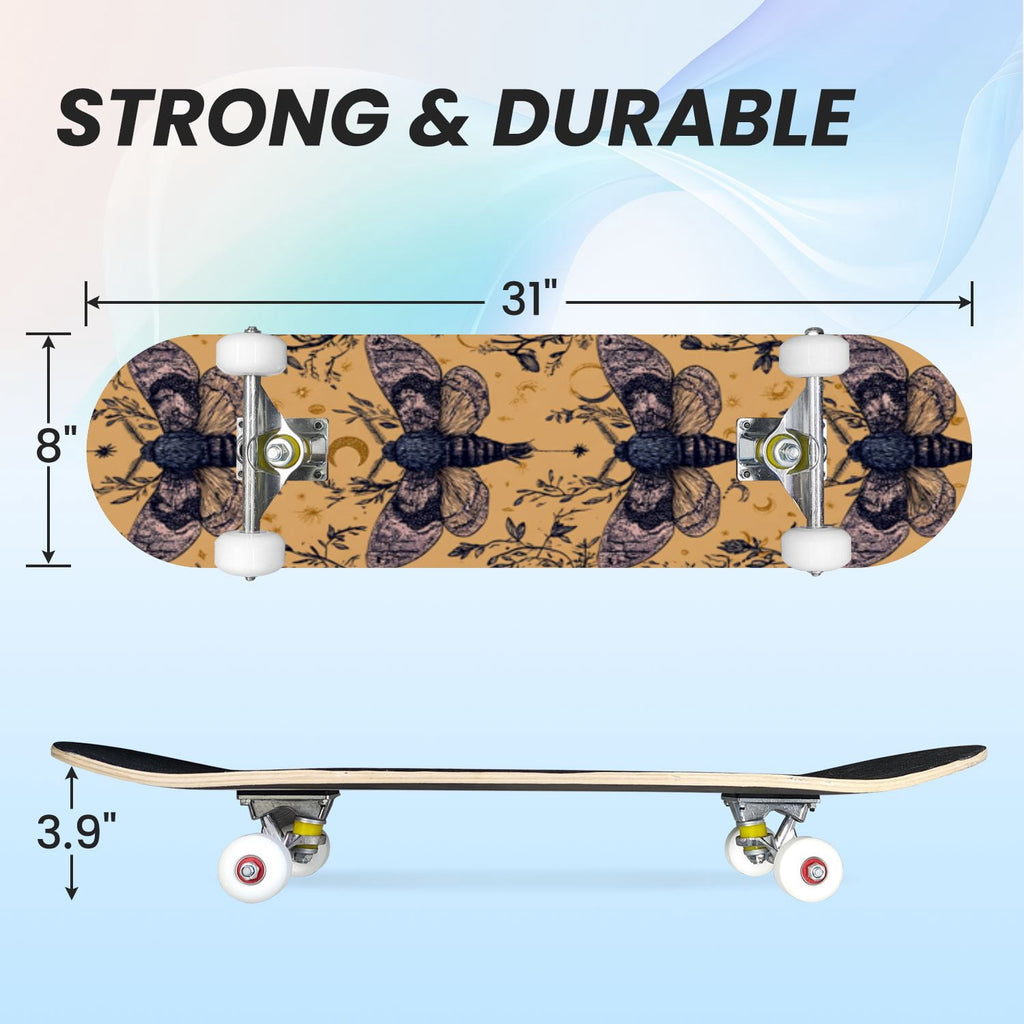 31"x8" Complete Skateboards for Beginners,Whimsical Moths Flowers Pastel Colors Stars Moon Mystical Double Kick 7 Ply Canadian Maple Deck Skateboard with Wheels, Gifts for Kids Teens