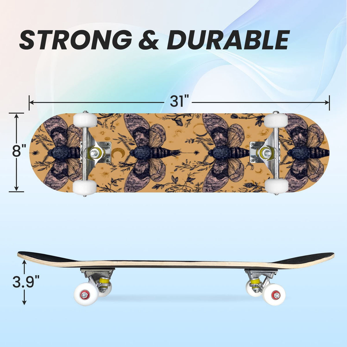 31"x8" Complete Skateboards for Beginners,Whimsical Moths Flowers Pastel Colors Stars Moon Mystical Double Kick 7 Ply Canadian Maple Deck Skateboard with Wheels, Gifts for Kids Teens