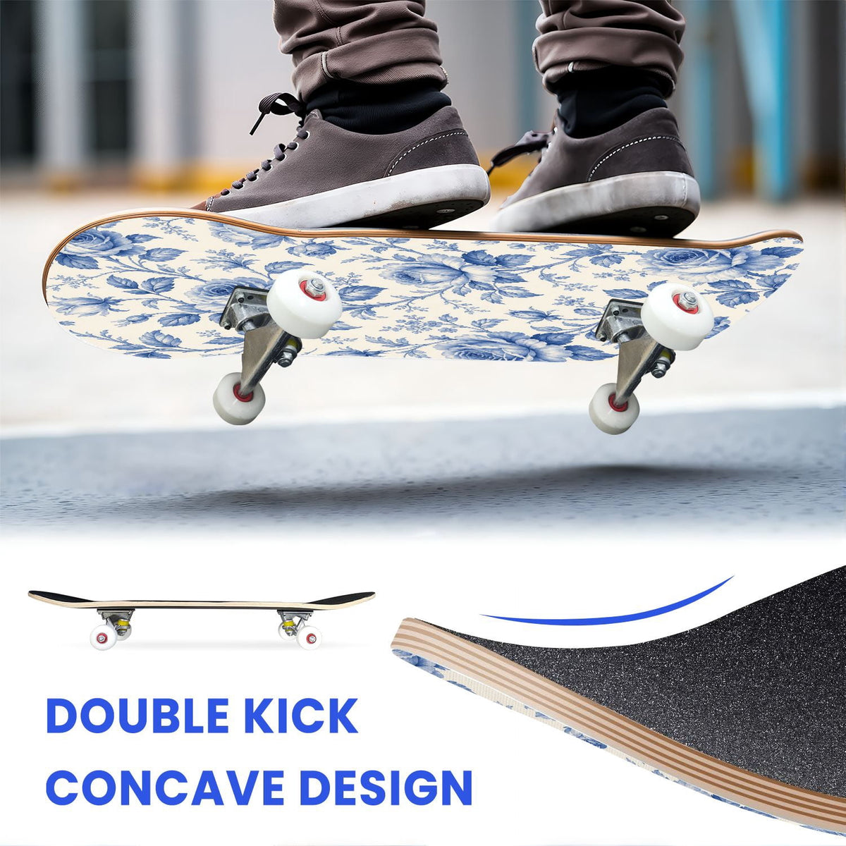 31"x8" Complete Skateboards for Beginners,Elegant White Blue Flowers Soft Petals Dreamy Artistic Double Kick 7 Ply Canadian Maple Deck Skateboard with Wheels, Gifts for Kids Teens