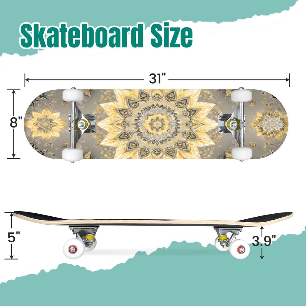 Botanical Floral Peonies Hummingbirds 31" x 8" Complete Skateboard, 7-Ply Canadian Maple Double Kick Trick Board for Kids and Beginners Adult Gifts