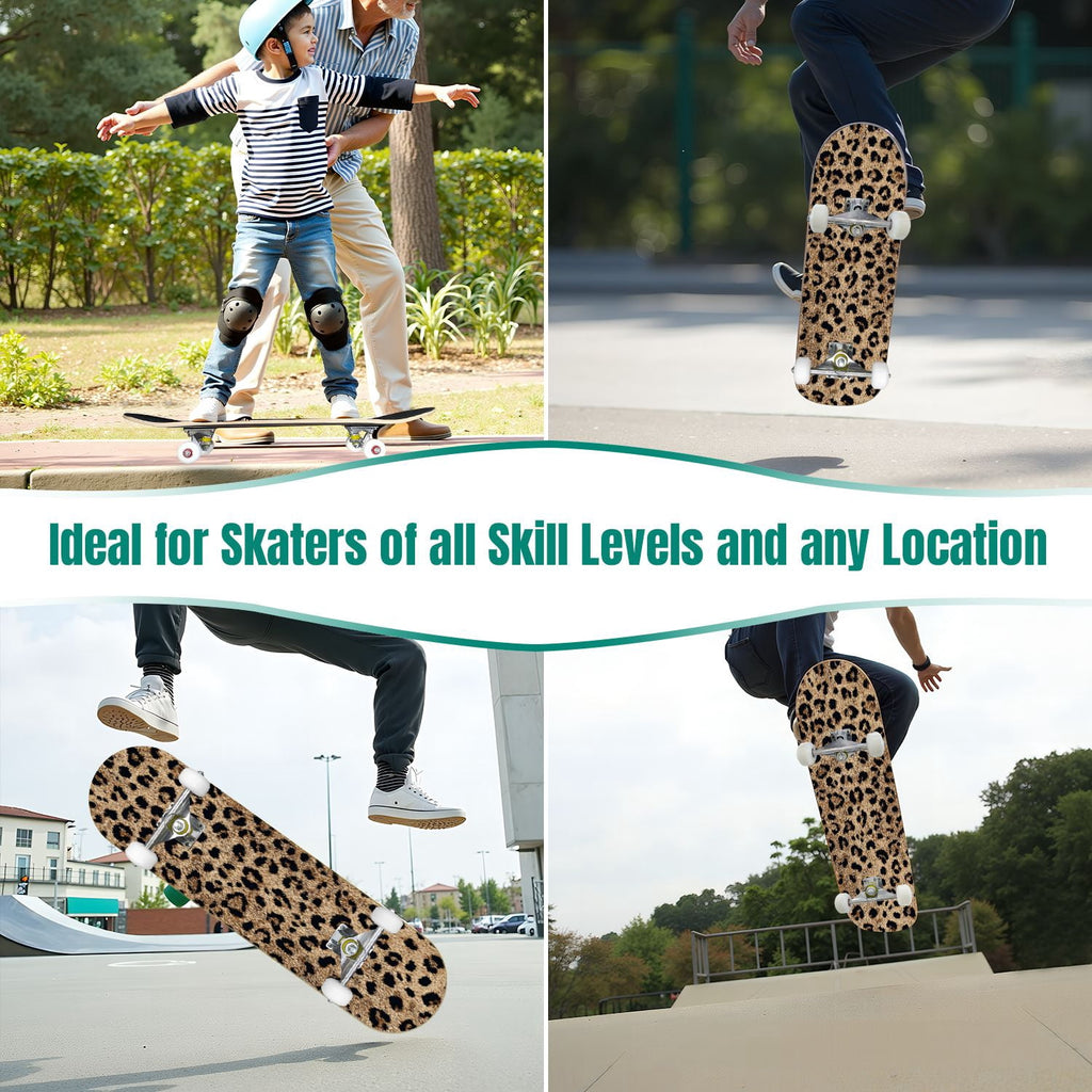 31"x8" Complete Skateboards for Beginners,Black Leopard Print Grey Double Kick 7 Ply Canadian Maple Deck Skateboard with Wheels, Gifts for Kids Teens